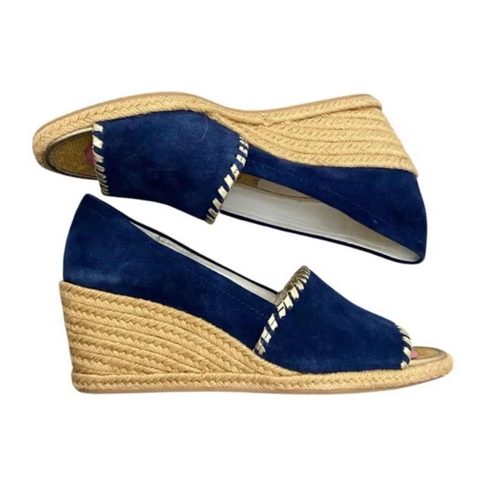 Jack Rogers Palmer Espadrille Peep Toe Wedge Navy Blue Faux Suede Size 9M